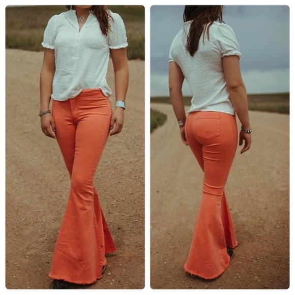 Lucky & Blessed Women's High Rise Coral Flare Jeans - Picture 1 of 9